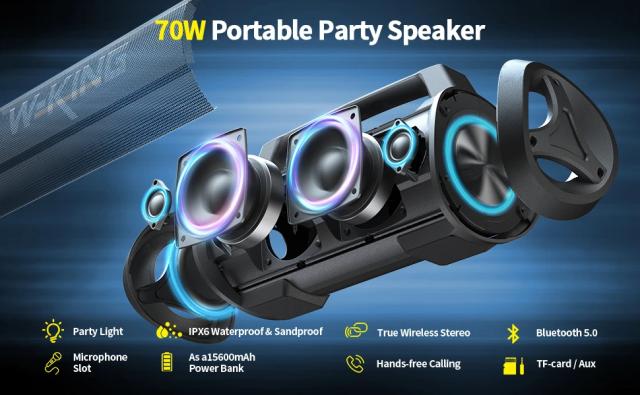 Kолонка мобилна  W-King Bluetooth Speaker - D10 Black - 70W, Karaoke mic input, Light Show