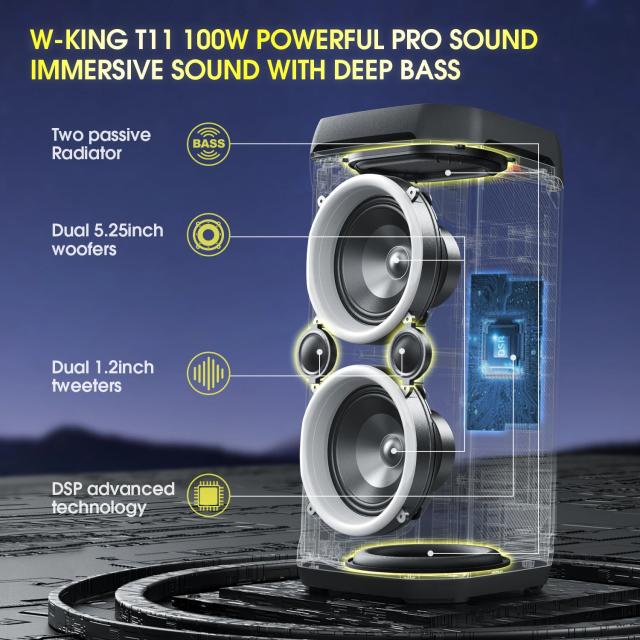 Парти колона W-King Bluetooth Party Speaker - T11 Black - 100W, Guitar Input, Karaoke