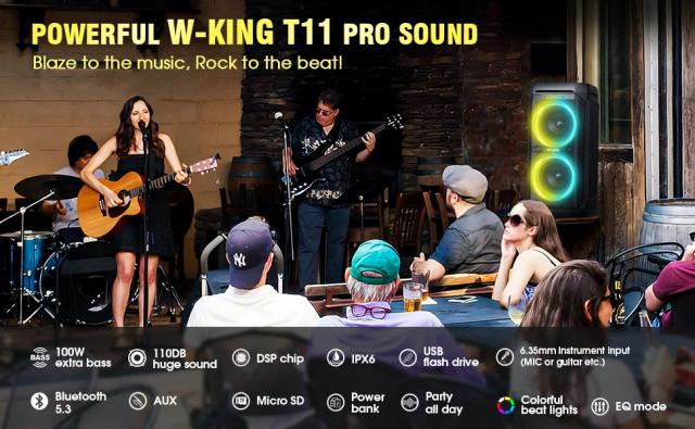 Парти колона W-King Bluetooth Party Speaker - T11 Black - 100W, Guitar Input, Karaoke