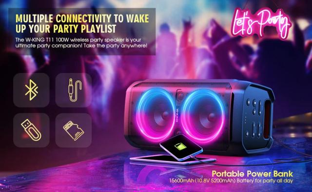 Парти колона W-King Bluetooth Party Speaker - T11 Black - 100W, Guitar Input, Karaoke