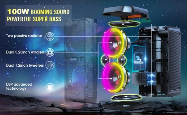 Парти колона W-King Bluetooth Party Speaker - T11 Black - 100W, Guitar Input, Karaoke