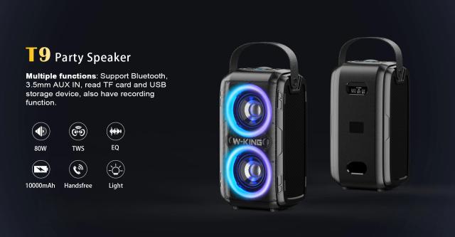 Парти колона W-King Bluetooth Party Speaker - T9 Black - 80W, Wireless Microphone, Karaoke