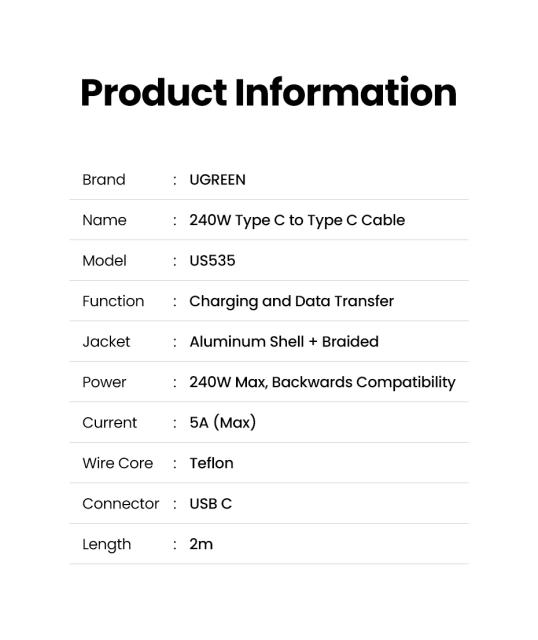 Кабел Ugreen USB 2.0 Type-C М/М US535, 240W, 5А, 2m