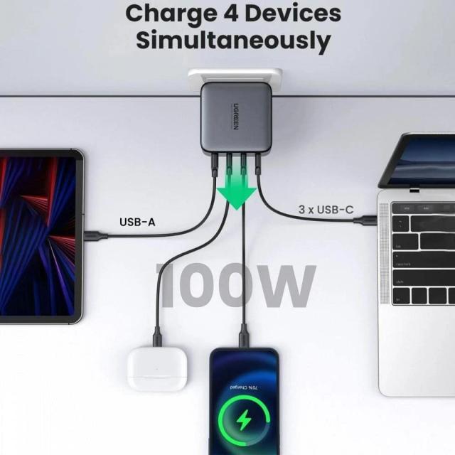 Универсално зарядно за стена Ugreen Charger Wall 100W GaN Nexode CD226, 1 x USB-A, 3 x Type-C - 40747