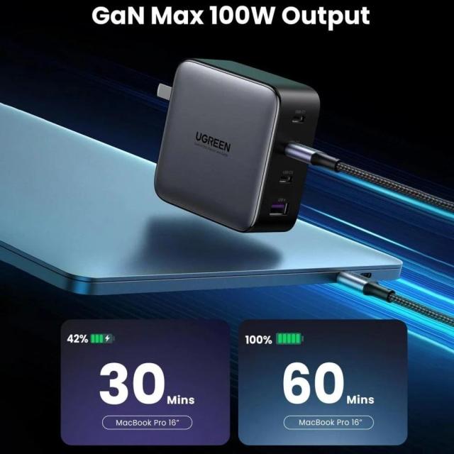 Универсално зарядно за стена Ugreen Charger Wall 100W GaN Nexode CD226, 1 x USB-A, 3 x Type-C - 40747