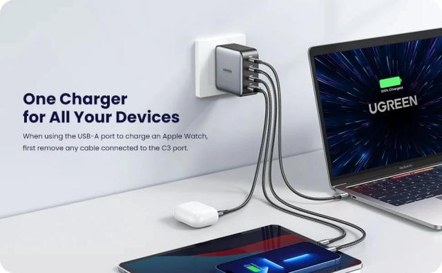 Универсално зарядно за стена Ugreen Charger Wall 100W GaN Nexode CD226, 1 x USB-A, 3 x Type-C - 40747