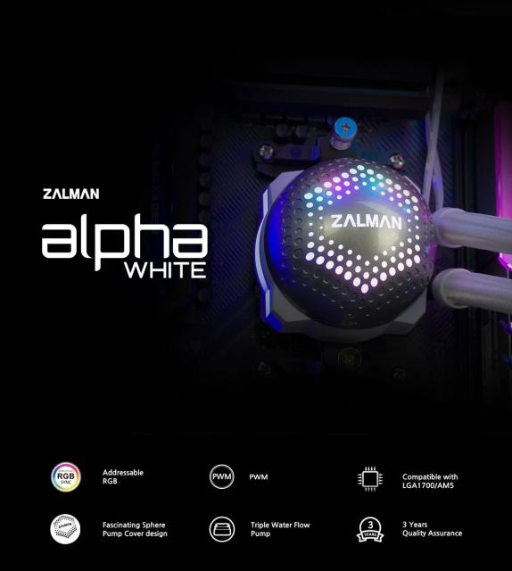 Охладител за процесор Zalman Water Cooling ALPHA 28 WHITE, Addressable RGB, LGA1700/AM5