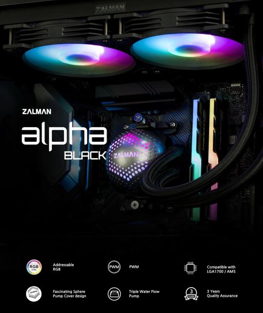 Охладител за процесор Zalman Water Cooling ALPHA 28 BLACK, Addressable RGB, LGA1700/AM5