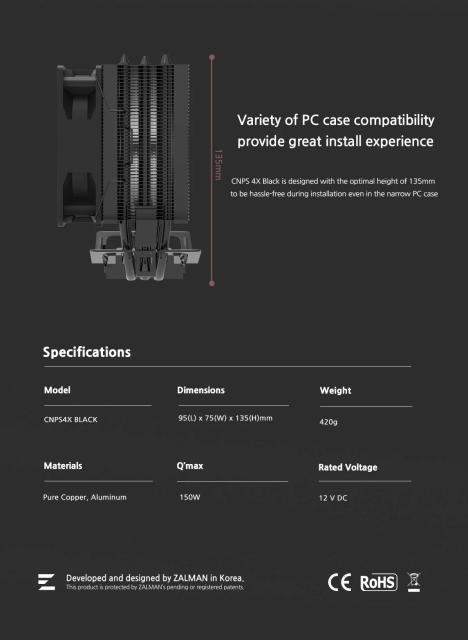 Охладител за процесор Zalman CPU Cooler CNPS4X BLACK, Intel LGA1700 / AMD AM5, 4 pin PWM