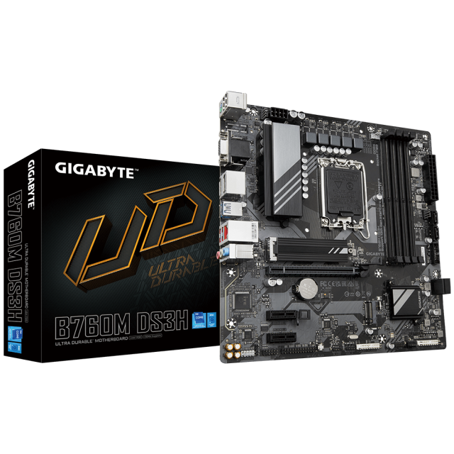 Дънна платка GIGABYTE B760M DS3H DDR5, LGA1700, PCI-E 4.0 (DP/HDMID-Sub), 4x SATA 6Gb/s, 1x M.2 connector, USB Type-C port, micro ATX