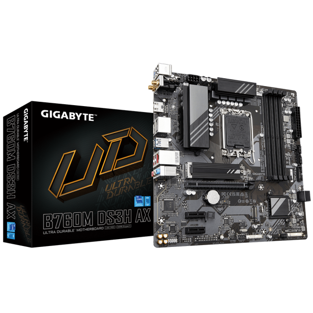 Дънна платка GIGABYTE B760M DS3H AX DDR5, LGA1700, 4xDDR4, 4 x SATA 6Gb/s, 2 x m.2, (HDMI/DP/USB Type-C), mATX 