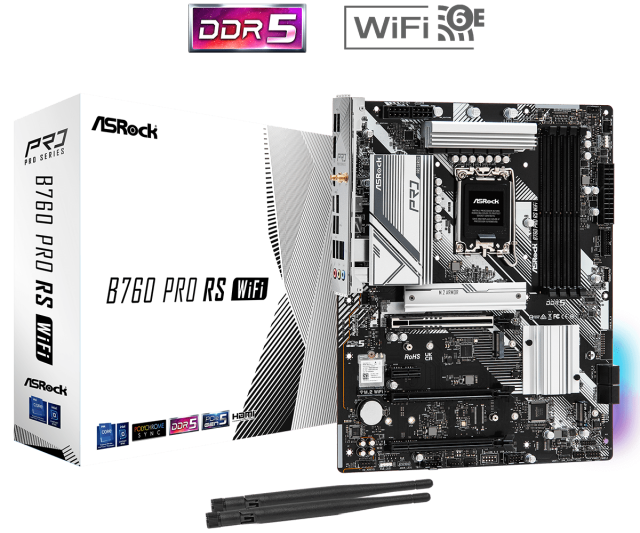 Дънна платка ASROCK B760M PRO RS/D4 WIFI, B760, LGA1700, DDR4, PCIe 4.0, (DP&HDMI)(CF), 4x SATA3 6Gb/s, 1x M.2, 2x USB 3.2 Gen1 Type-C, Wi-Fi 6, mATX