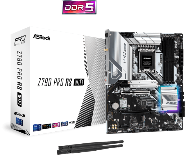 Дънна платка ASROCK Z790 PRO RS WIFI /D5 WIFI, B790, LGA1700, DDR5, PCIe 4.0, (DP/HDMI) (CF), 8x SATA3 6Gb/s, 4 Hyper M.2 (PCIe Gen4x4) , USB Type-C, Wi-Fi 6E + Bluetooth, ATX