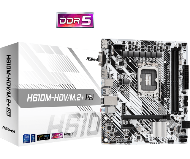 Дънна платка ASRock H610M-HDV/M.2+ D5, LGA1700, DDR5,  (DP/HDMI/VGA), PCI-E 4.0,  4x SATA 6Gb/s, 1x M.2, 3x USB 3.2 Gen1, 1x USB Type-C, mATX