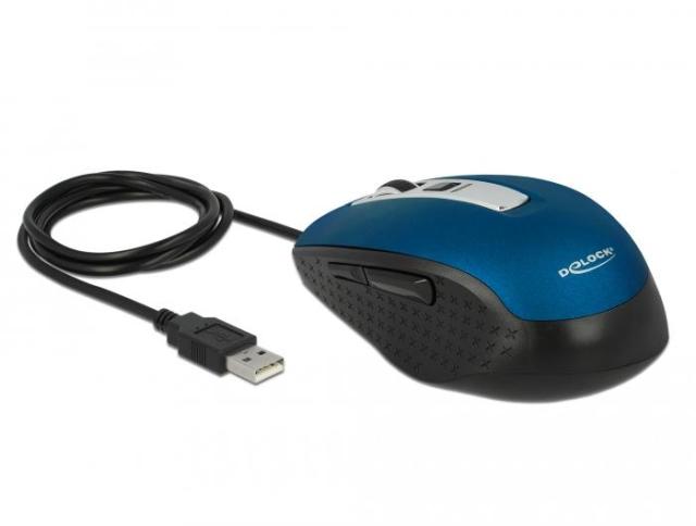 Mишка DeLock oптична, 5 бутона, Кабел 1.5 м., USB, 1200 dpi, син