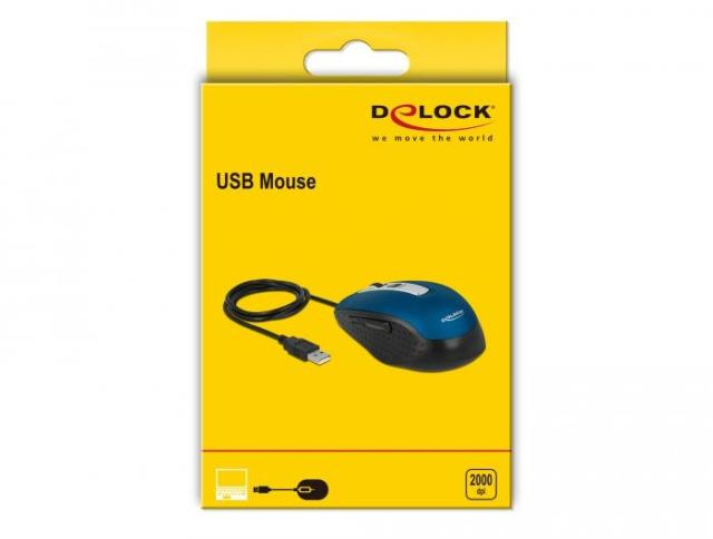 Mишка DeLock oптична, 5 бутона, Кабел 1.5 м., USB, 1200 dpi, син