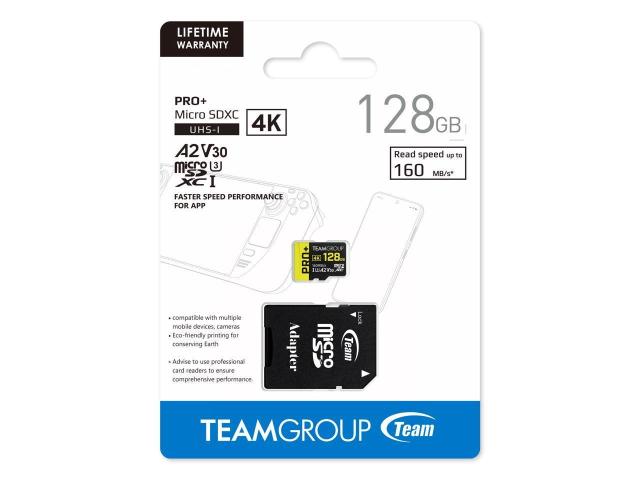 Карта памет Team Group PRO Plus microSDXC 128GB, UHS-I U3, A2, V30 + SD Адаптер