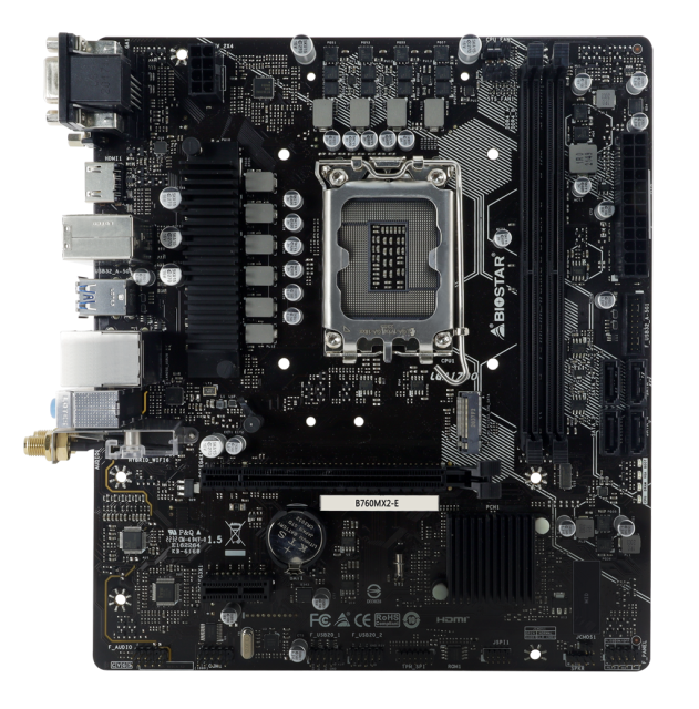 Дънна платка Biostar B760MX2-E, B760, LGA1700, DDR5, PCIe 4.0, 4x SATA3 6.0 Gb/s, 1x M.2, 4x USB 3.2 Gen1 Type-A, VGA, HDMI, DVI, mATX