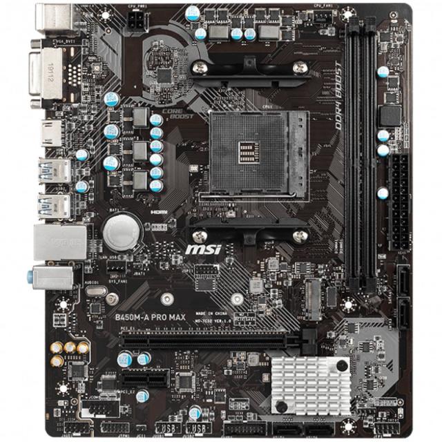 Дънна платка MSI B450M-A PRO MAX, B450, AM4, 2xDDR4, PCIe 3.0, 4x SATA 6Gb/s, 1x M.2, 6x USB 3.2 Gen1, mATX