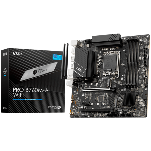 Дънна платка MSI PRO B760M-A WIFI, LGA1700, 2x M.2 slots, 2x PCIe x16 slots, WI-FI 6E, BT, 2x HDMI, 2x DP, mATX