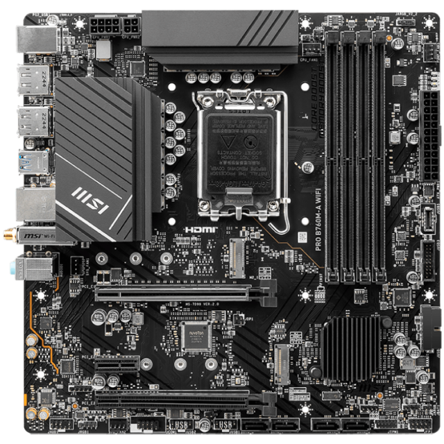 Дънна платка MSI PRO B760M-A WIFI, LGA1700, 2x M.2 slots, 2x PCIe x16 slots, WI-FI 6E, BT, 2x HDMI, 2x DP, mATX