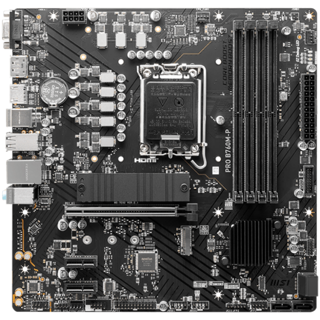 Дънна платка MSI PRO B760M-P, LGA1700, 4x DDR5, 2x M.2 slots, 1x PCIe x16 slots, 1x HDMI, 1x DP, 1x VGA, mATX