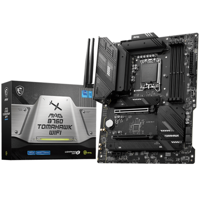 Дънна платка MSI MAG B760 TOMAHAWK WIFI, LGA1700, 4x DDR5, 3x M.2 slots, 2x PCIe x16 slots, WI-FI 6E, BT, 1x HDMI, 1x DP, ATX