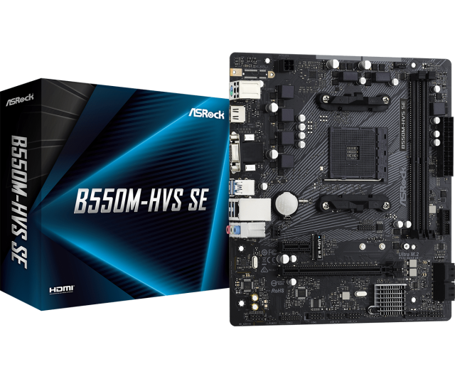 Дънна платка ASRock B550M-HVS SE, AM4, 2x DDR4, 4x SATA 6Gb/s, 1x M.2 PCIe Gen3x4, HDMI, VGA