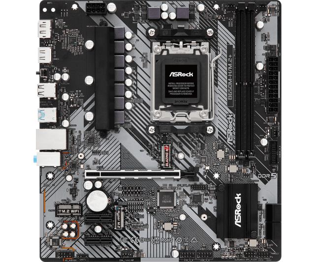 Дънна платка ASRock B650M-H/M.2+, B650, AM5, DDR5, PCIe 4.0, 1x M.2, 4x SATA 6Gb/s, 1x USB 3.2 Gen2 Type-C, 3x USB 3.2 Gen2, Micro ATX