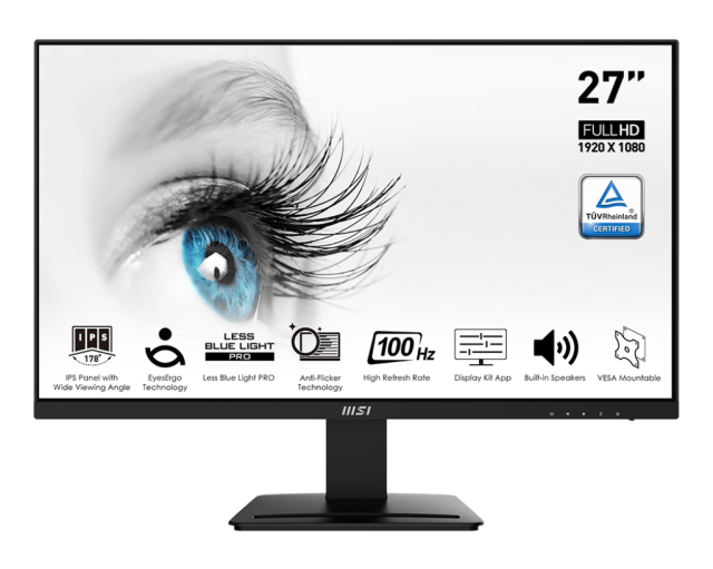 Монитор MSI PRO MP273A, 27" (68.58 cm) IPS панел, 100Hz, Full HD, 1ms, DisplayPort, HDMI, VGA