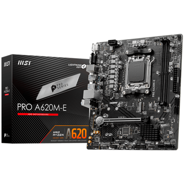 Дънна платка MSI PRO A620M-E, AMD A620, 2xDDR5, 1x M.2 slot, 1x HDMI, 1x VGA, 2x USB 3.2 Gen 1, 4x USB 2.0, mATX