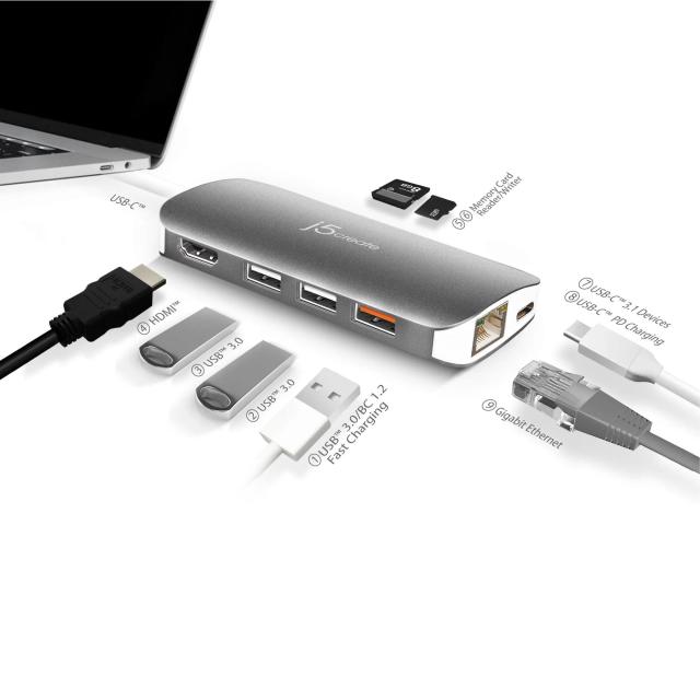 Мултипортов адаптер,  j5create Mini Dock JCD383, USB, HDMI, Ethernet, SD, microSD