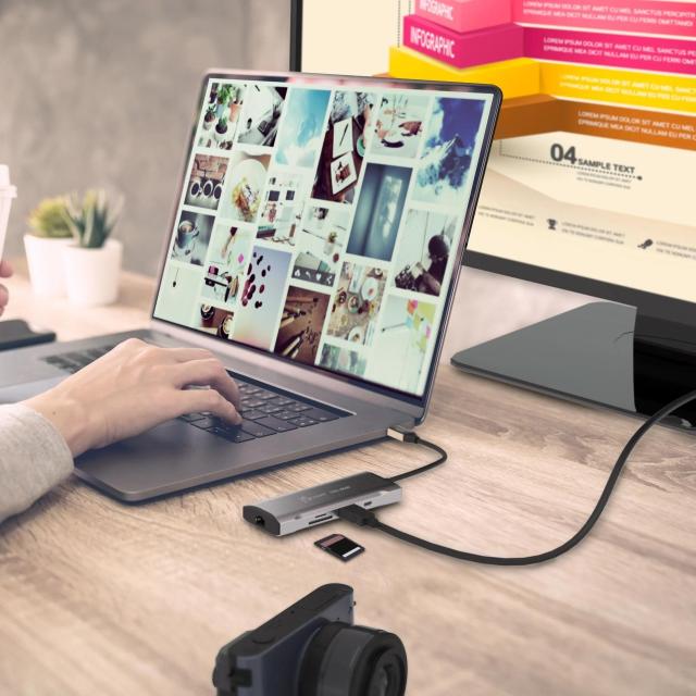 Мултипортов адаптер, j5create Mini Dock JCD393, USB-C E-Mark, USB, HDMI, Ethernet, SD, microSD