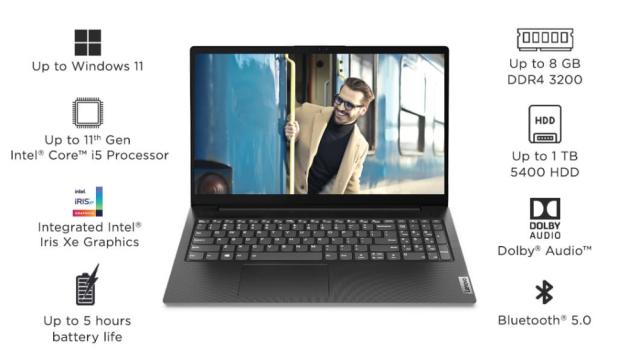 Лаптоп Lenovo V15 G2 Intel Core i7-1165G7 (2.8GHz up to 4.7GHz, 12MB), 8GB Soldered DDR4 3200MHz, 512GB SSD, 15.6"FHD(1920x1080) TN AG, Intel Iris Xe Graphics, WLAN, BT, 720p Cam, 2 cell, Black, DOS, 2Y