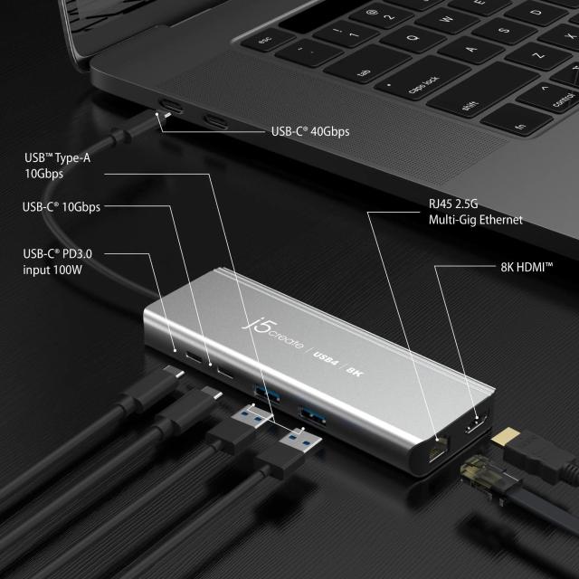 Мултипортов адаптер, j5create JCD403, USB4, 8K, Gigabit Ethernet