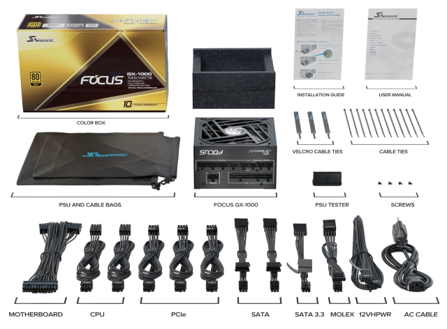 Захранване SEASONIC FOCUS GX-1000 1000W, 80+ Gold, Fully Modular