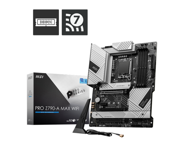 Дънна платка MSI PRO Z790-A MAX WIFI, Z790, LGA1700, DDR5, PCI-E 5.0, 6x SATA 6Gb/s, 4x M.2 slots, 2x USB 3.2 Gen1, 1x USB 3.2 Gen2x2 Type C, Wi-Fi 7, Bluetooth 5.4, 1x HDMI, 1x DP, ATX