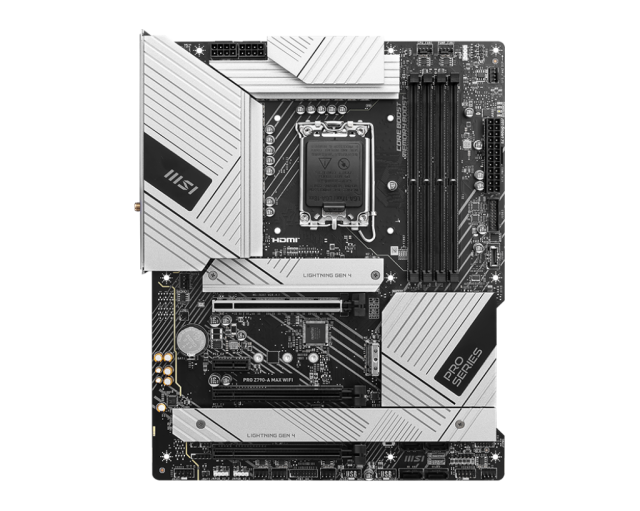 Дънна платка MSI PRO Z790-A MAX WIFI, Z790, LGA1700, DDR5, PCI-E 5.0, 6x SATA 6Gb/s, 4x M.2 slots, 2x USB 3.2 Gen1, 1x USB 3.2 Gen2x2 Type C, Wi-Fi 7, Bluetooth 5.4, 1x HDMI, 1x DP, ATX