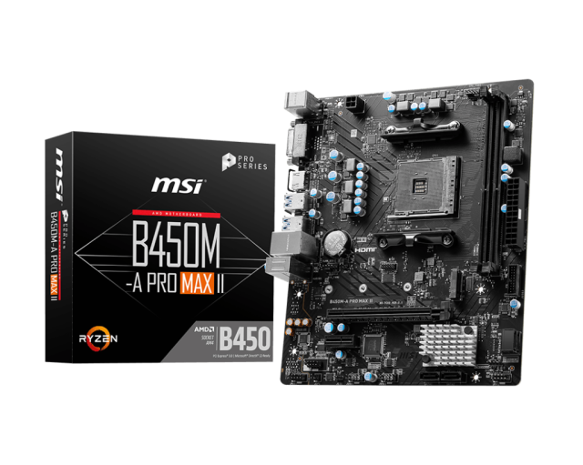 Дънна платка MSI B450M-A PRO MAX II,  2xDDR4, 1xPCI-Ex16, 1xPCI-Ex1, 6 x USB3.2, 6 x USB2.0, 4xSATA III, M.2, DVI-D, HDMI, GLAN, mATX