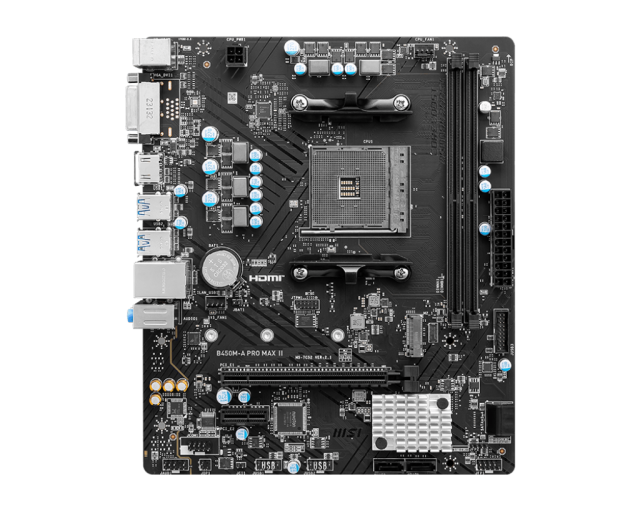 Дънна платка MSI B450M-A PRO MAX II,  2xDDR4, 1xPCI-Ex16, 1xPCI-Ex1, 6 x USB3.2, 6 x USB2.0, 4xSATA III, M.2, DVI-D, HDMI, GLAN, mATX