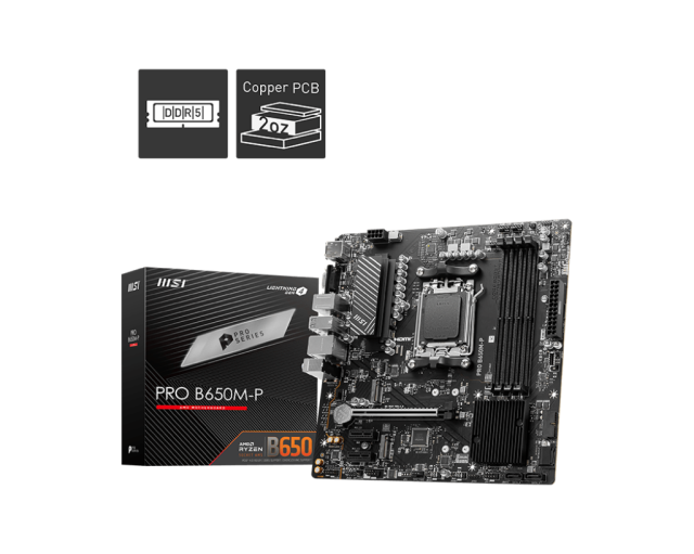 Дънна платка MSI PRO B650M-P, AM5, 4x DDR5, HDMI, DP, VGA, PCI-E 4.0, 4x SATA 6Gb/s, 2x M.2, mATX