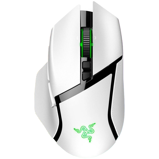 Мишка Razer Basilisk V3 Pro, оптична (30000 dpi), Bluetooth, USB, 11 бутона, RGB подсветка, до 90 часа живот на батерията, бяла