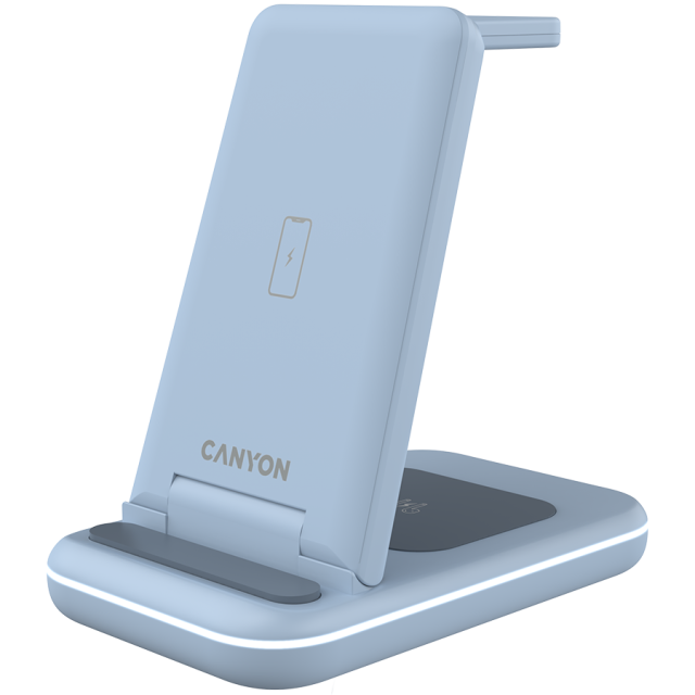 Безжична станция за зареждане на iWatch / iPhone / TWS слушалки Canyon WS-304, 3-В-1 за безжичнно зареждане, 15W/10W/7.5W/5W, син