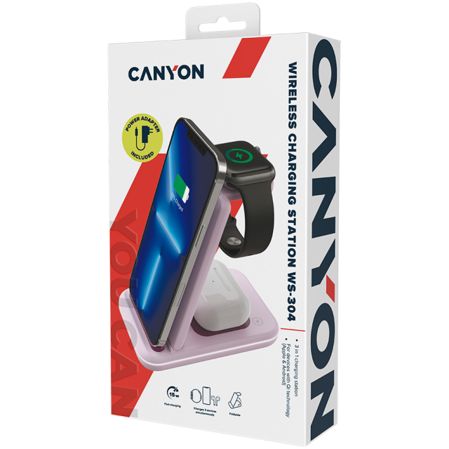 Безжична станция за зареждане на iWatch / iPhone / TWS слушалки Canyon WS-304, 3-В-1 за безжичнно зареждане, 15W/10W/7.5W/5W, розова