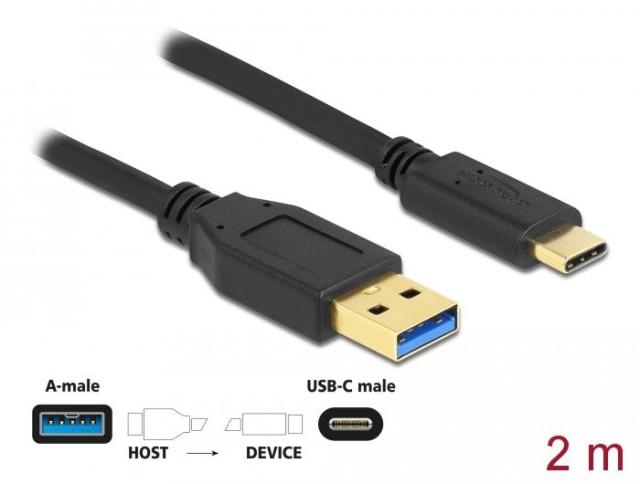 Кабел Delock SuperSpeed, USB-A мъжко - USB-C мъжко, (USB 3.2 Gen 2), 10 Gbps, 2 м