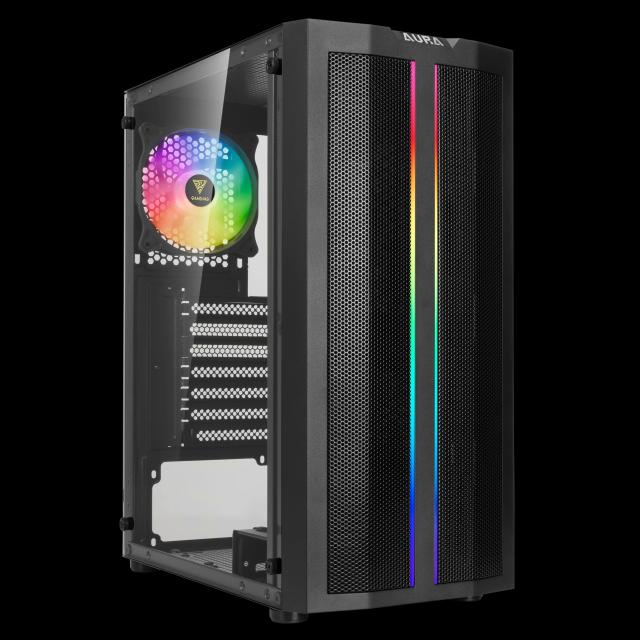 Кутия Gamdias AURA GC3 Mesh, 1 x USB 3.0, 2 x USB 2.0, HD Audio x 1, aRGB, Tempered Glass, ATX, черна