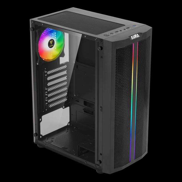 Кутия Gamdias AURA GC3 Mesh, 1 x USB 3.0, 2 x USB 2.0, HD Audio x 1, aRGB, Tempered Glass, ATX, черна