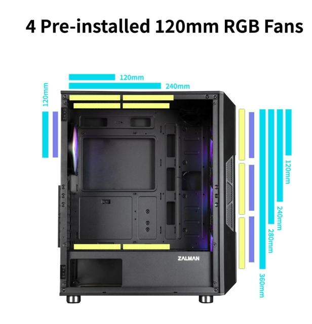 Кутия Zalman  I3 NEO RGB, Mesh, 2 x USB 3.0 1 x USB 2.0 HD Audio x 1, ATX, черна