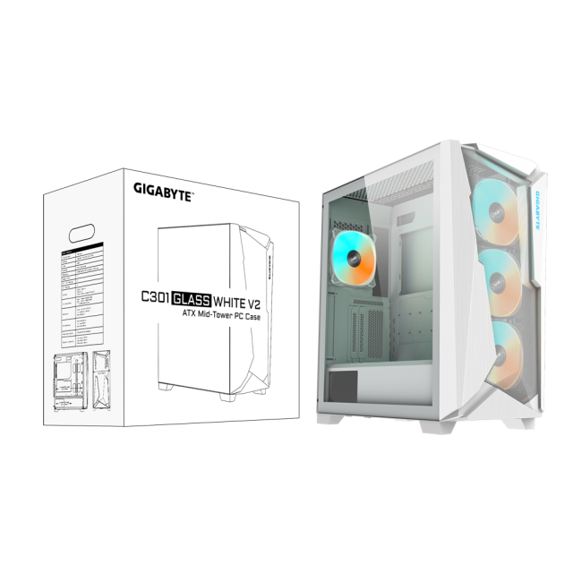 Кутия Gigabyte C301 WHITE V2, Tempered Glass, Mid-Tower, RGB Fusion, USB 3.1 Gen2 Type-C x1, USB 3.0 x2, HD Audio, ATX