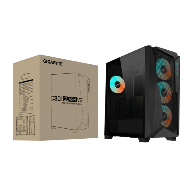 Кутия Gigabyte C301 Black V2, Tempered Glass, Mid-Tower, RGB Fusion, USB 3.1 Gen2 Type-C x1, USB 3.0 x2, Audio, Mini ITX / Micro ATX / ATX / E-ATX